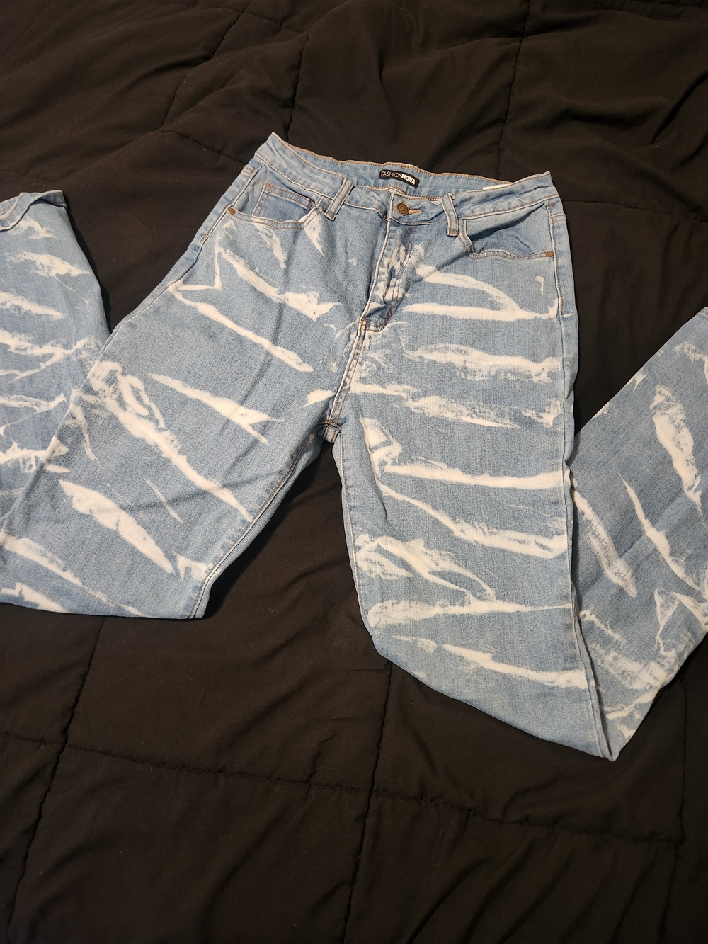 Fashion Nova Light Blue and White Tie-Dye Straight Leg Jeans